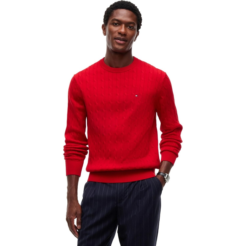 image:imageTommy Hilfiger Mens Cable Knit Crewneck Sweater Lightweight PulloverMedium Red