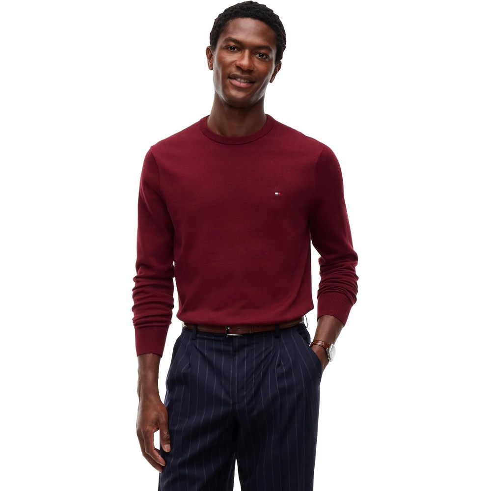 image:imageTommy Hilfiger Mens Cotton Solid Crewneck Sweater Lightweight Pullover Also Available in Big amp TallBurgundy