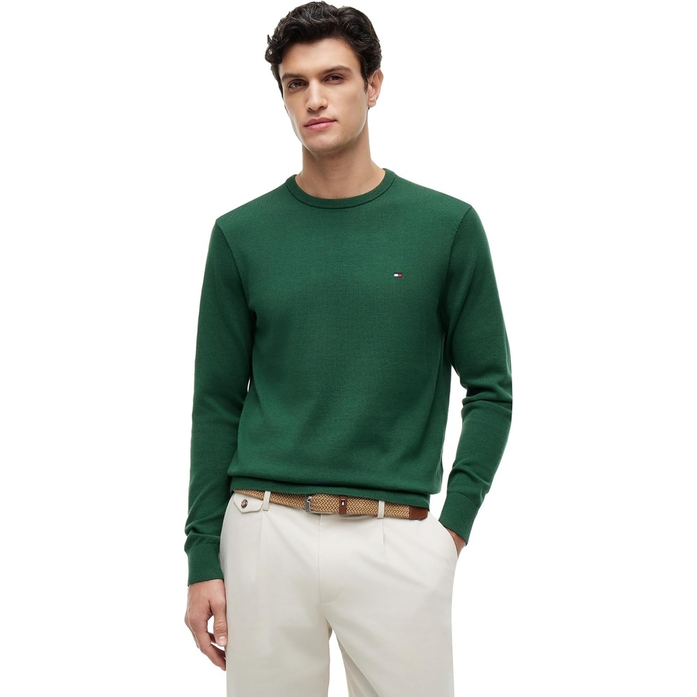 image:imageTommy Hilfiger Mens Cotton Solid Crewneck Sweater Lightweight Pullover Also Available in Big amp TallStreet Green