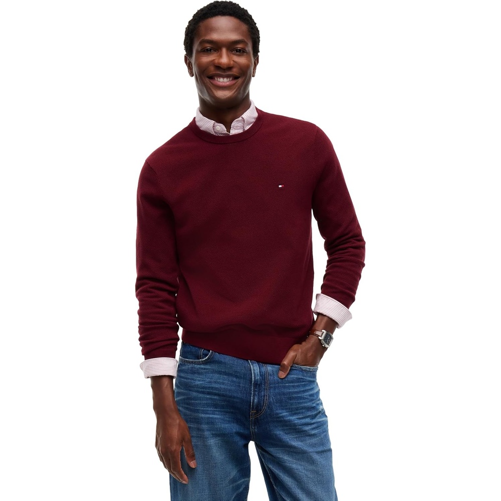 image:imageTommy Hilfiger Mens Cotton Solid Structured Crewneck Sweater PulloverBurgundy