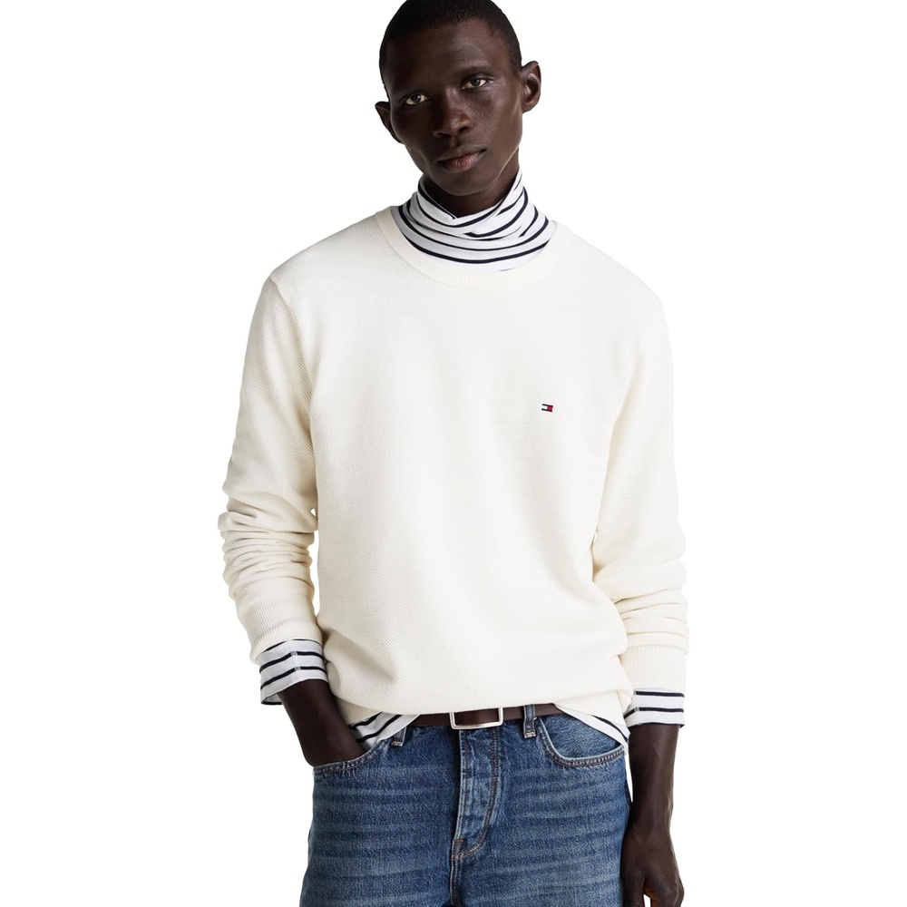 image:imageTommy Hilfiger Mens Cotton Solid Structured Crewneck Sweater PulloverIvory Petal