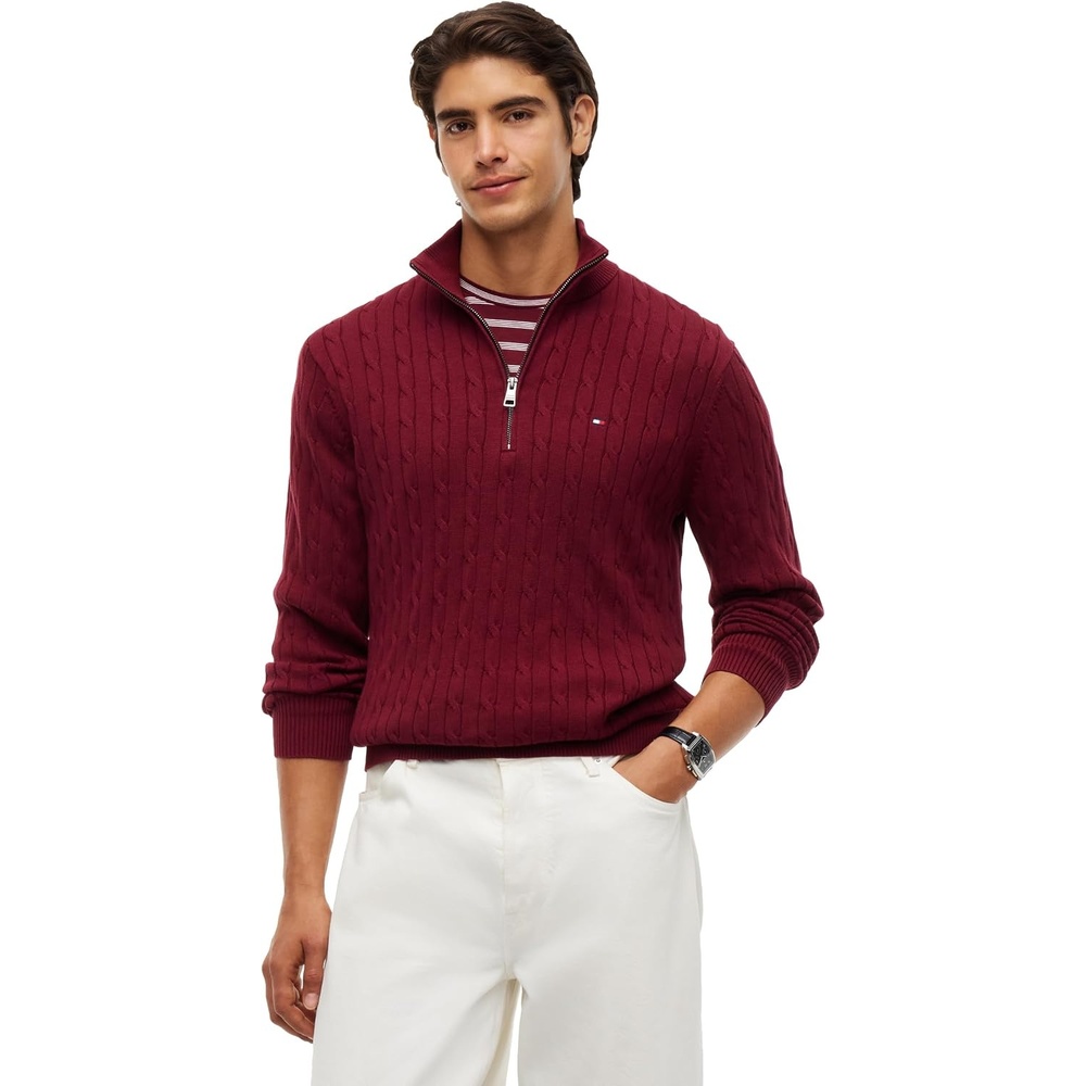 image:imageTommy Hilfiger Mens Lightweight Cable Pullover Quarter Zip SweaterBurgundy