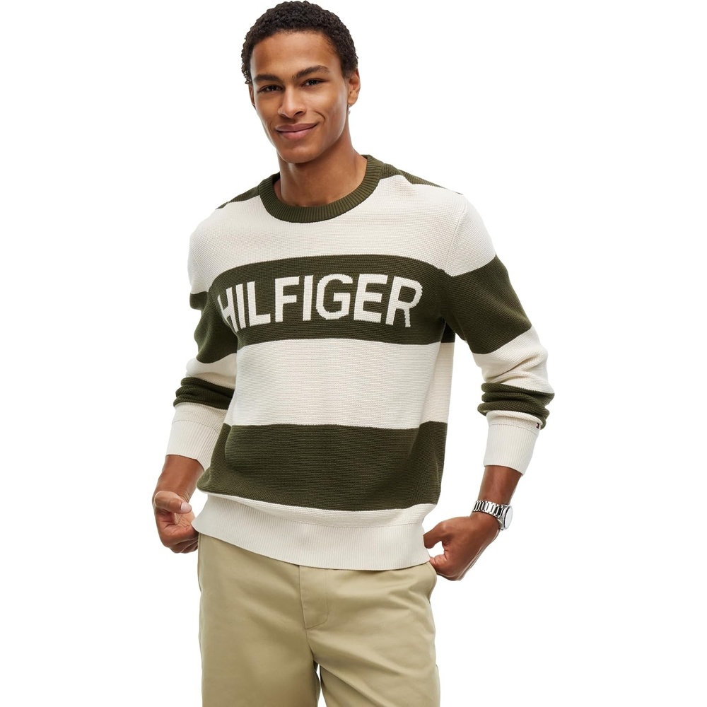 image:imageTommy Hilfiger Mens Lightweight Cotton Crewneck Graphic Pullover SweaterHuntsman GreenIvory Petal