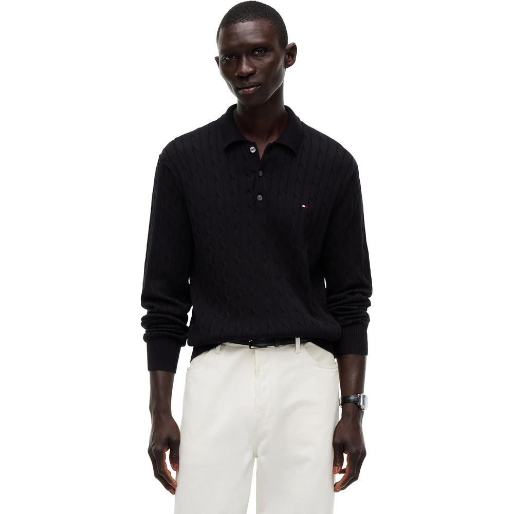 image:imageTommy Hilfiger Mens Long Sleeve Casual Cotton Cable Polo SweaterBlack