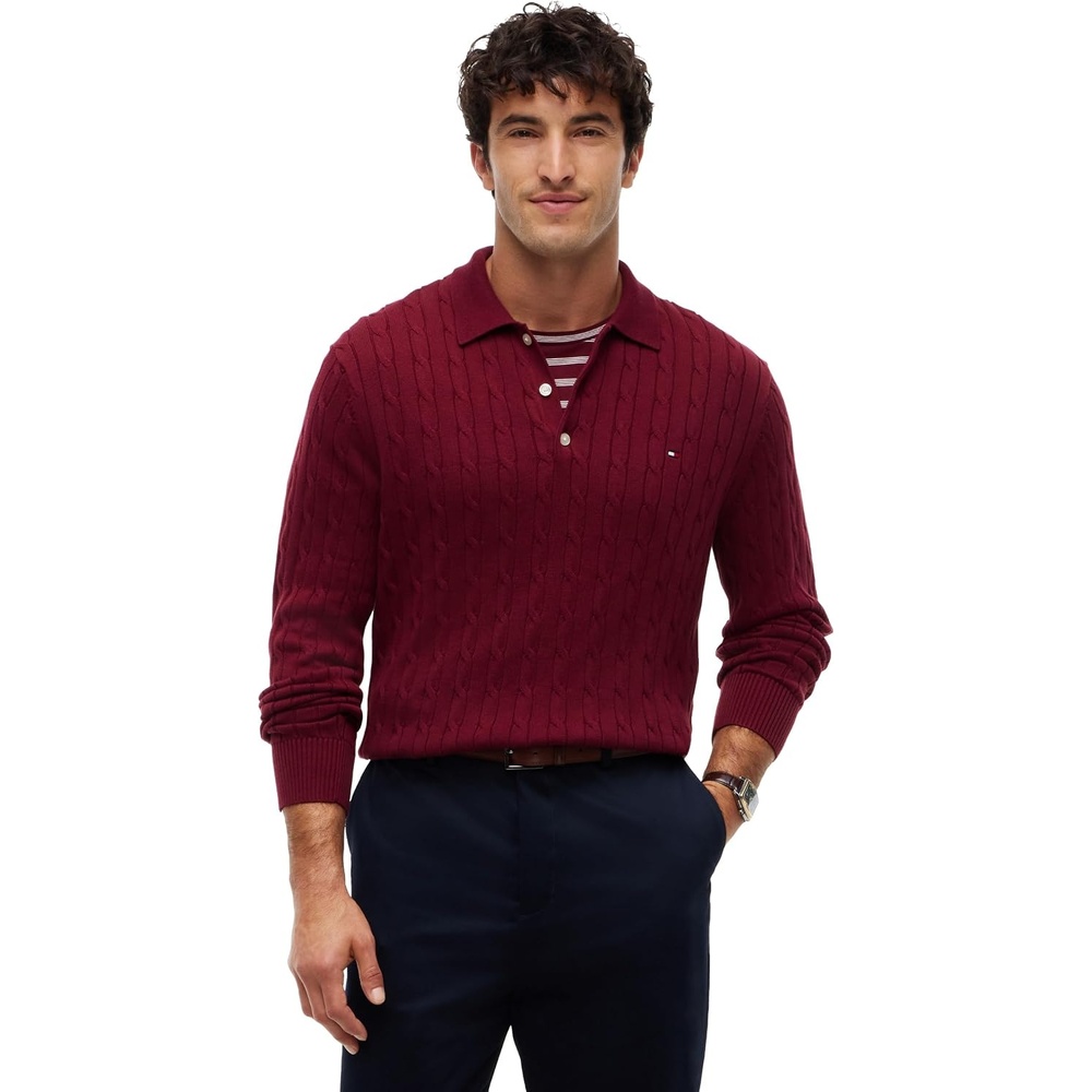 image:imageTommy Hilfiger Mens Long Sleeve Casual Cotton Cable Polo SweaterBurgundy