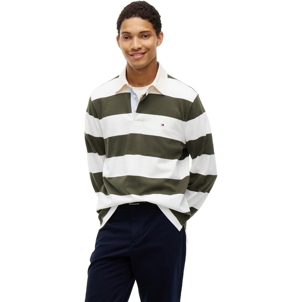 image:imageTommy Hilfiger Mens Long Sleeve Casual Cotton Striped Rugby PoloHuntsman Green Ivory Petal