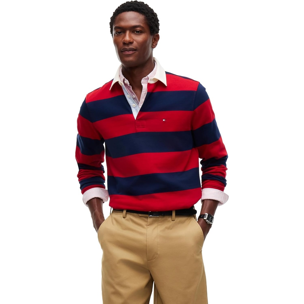 image:imageTommy Hilfiger Mens Long Sleeve Casual Cotton Striped Rugby PoloMedium Red Carbon Navy