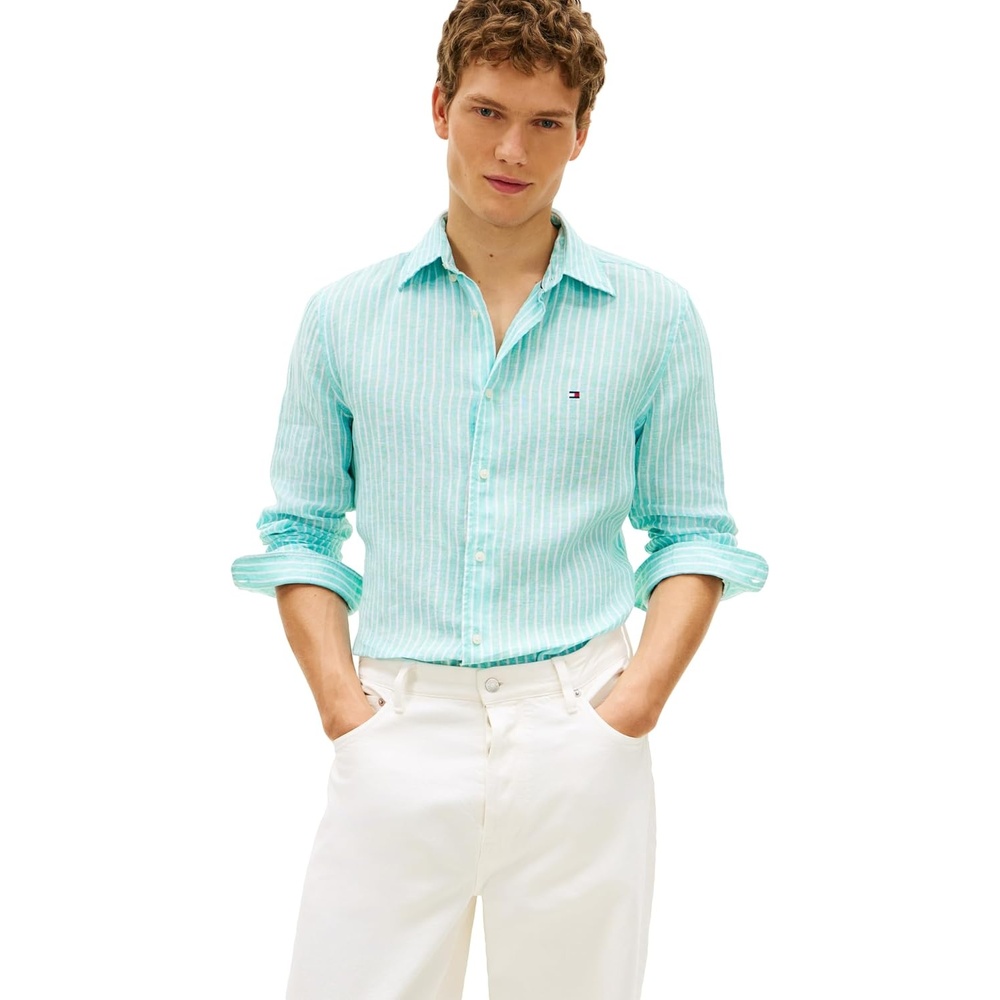image:imageTommy Hilfiger Mens Long Sleeve Casual Linen Button Down Shirts in Regular FitArctic Aqua Stripe