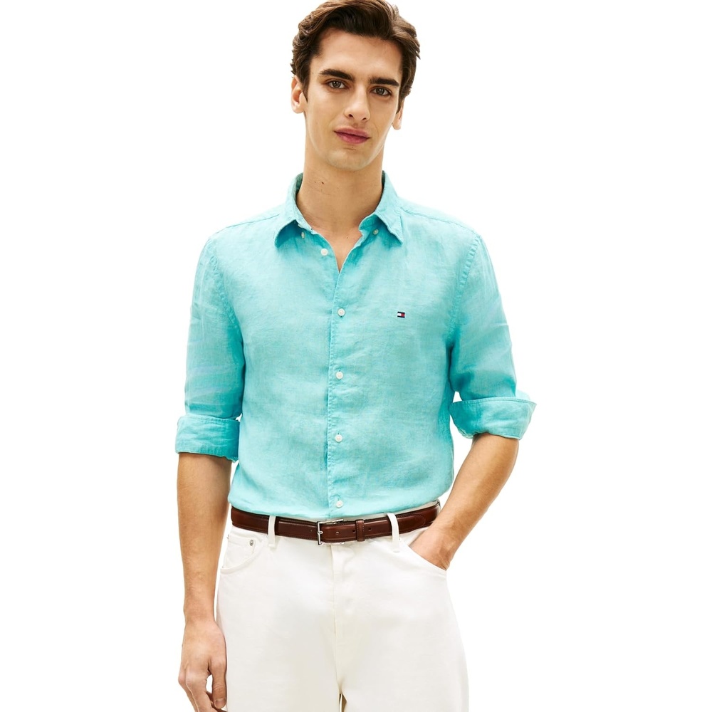 image:imageTommy Hilfiger Mens Long Sleeve Casual Linen Button Down Shirts in Regular FitArctic Aqua