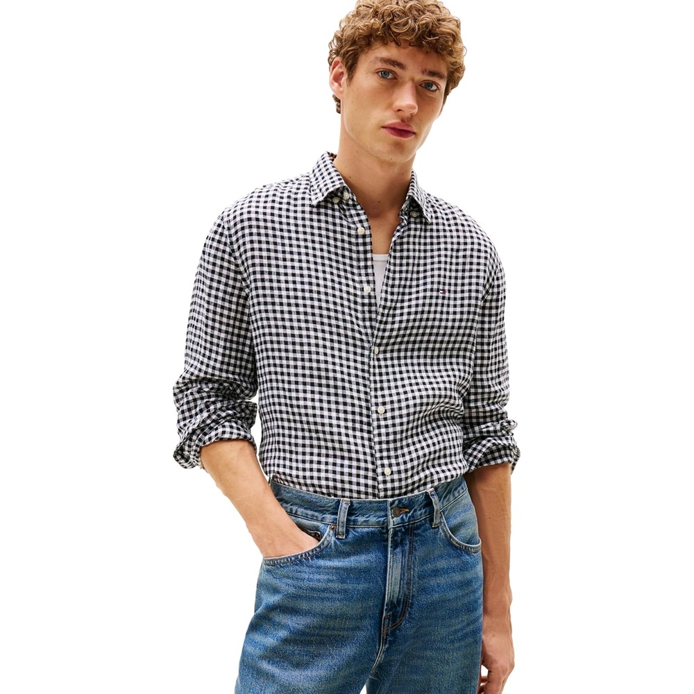 image:imageTommy Hilfiger Mens Long Sleeve Casual Linen Button Down Shirts in Regular FitBlack Check