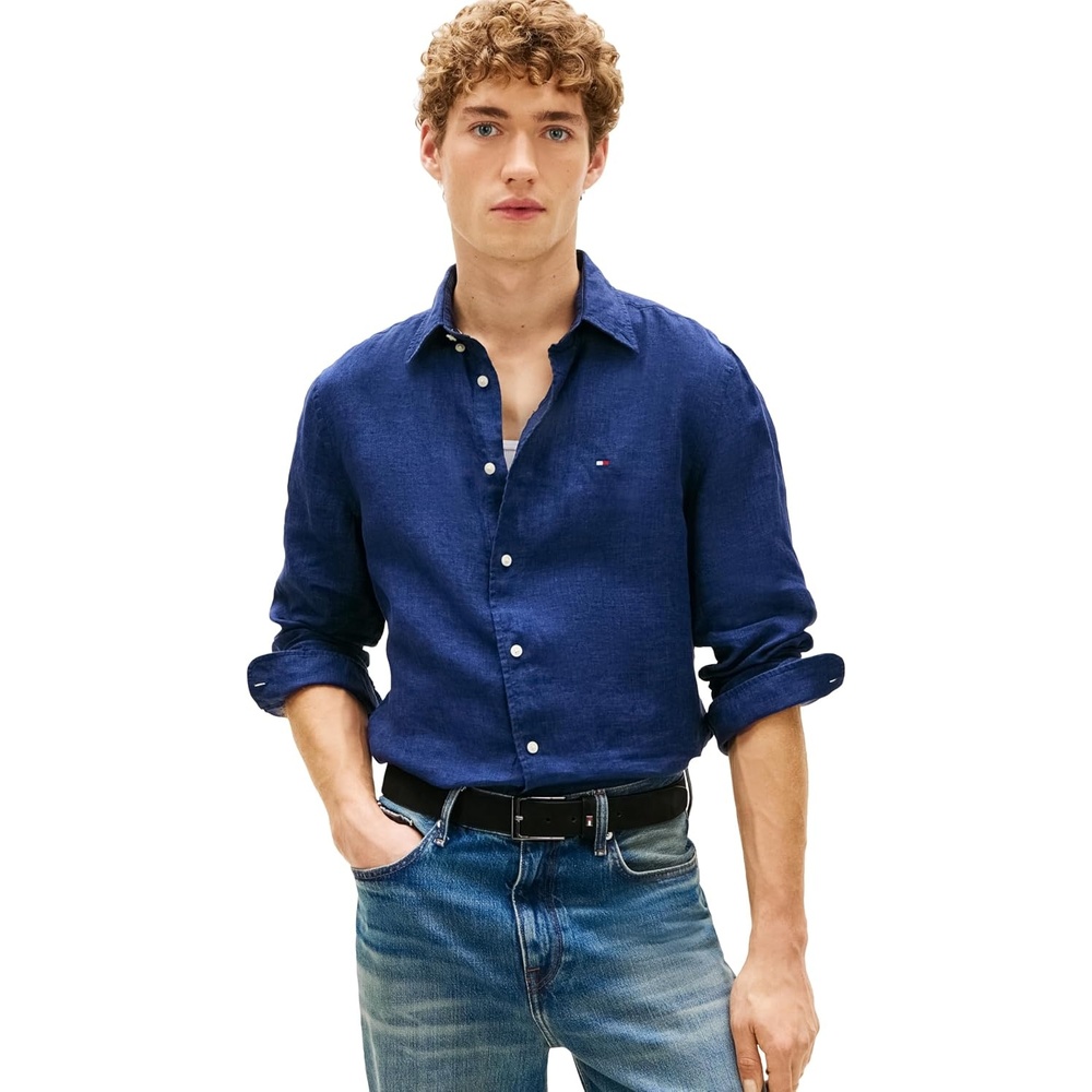 image:imageTommy Hilfiger Mens Long Sleeve Casual Linen Button Down Shirts in Regular FitCarbon Navy
