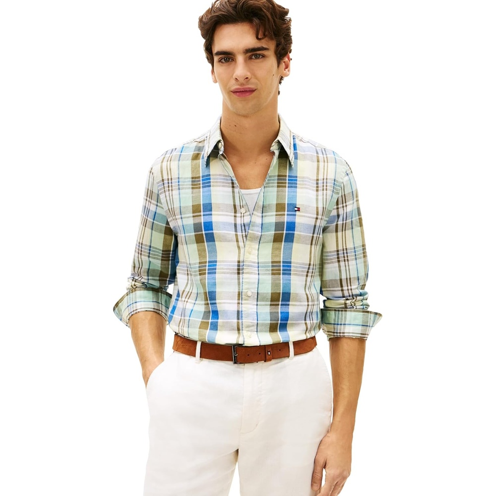 image:imageTommy Hilfiger Mens Long Sleeve Casual Linen Button Down Shirts in Regular FitCitronella  Check