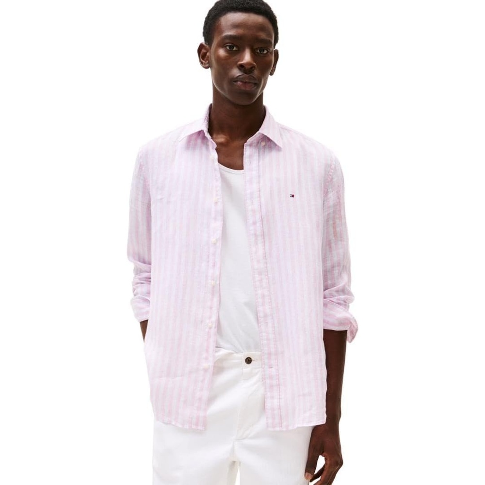 image:imageTommy Hilfiger Mens Long Sleeve Casual Linen Button Down Shirts in Regular FitClassic Pink  Stripe