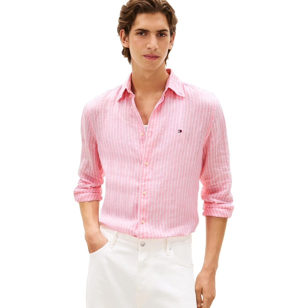 image:imageTommy Hilfiger Mens Long Sleeve Casual Linen Button Down Shirts in Regular FitClassic Pink White Stripe