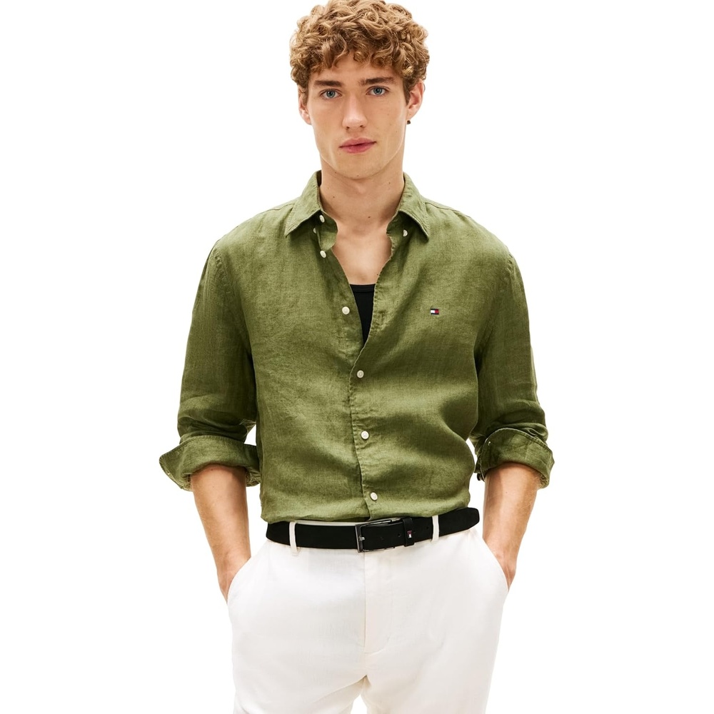 image:imageTommy Hilfiger Mens Long Sleeve Casual Linen Button Down Shirts in Regular FitDark Artichoke