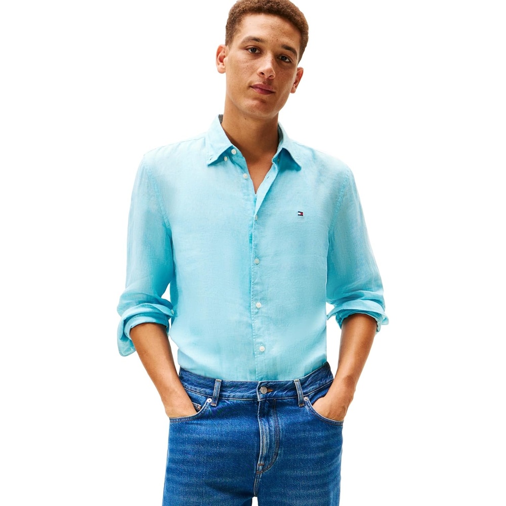 image:imageTommy Hilfiger Mens Long Sleeve Casual Linen Button Down Shirts in Regular FitDewy Blue