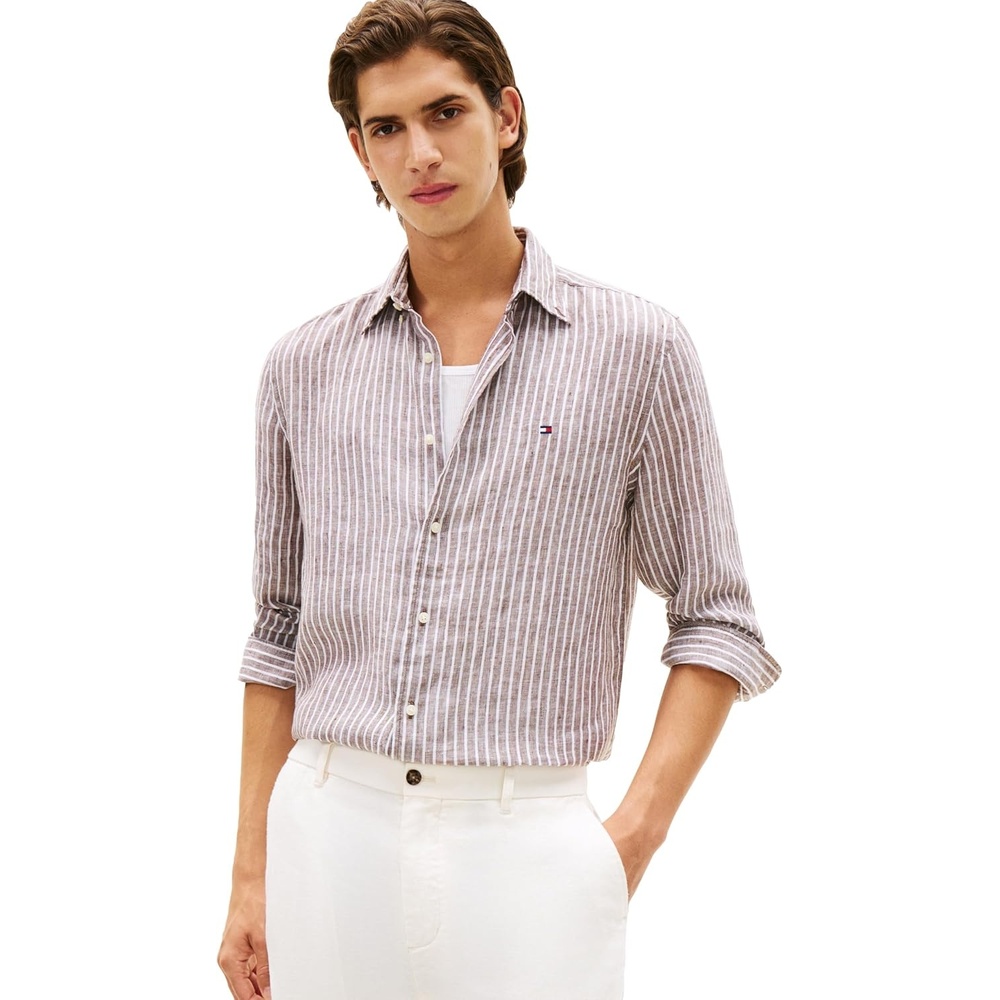 image:imageTommy Hilfiger Mens Long Sleeve Casual Linen Button Down Shirts in Regular FitLegacy Brown Stripe