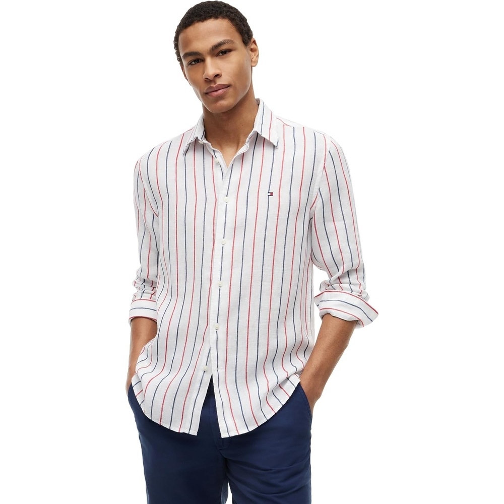 image:imageTommy Hilfiger Mens Long Sleeve Casual Linen Button Down Shirts in Regular FitMedium Red Stripe