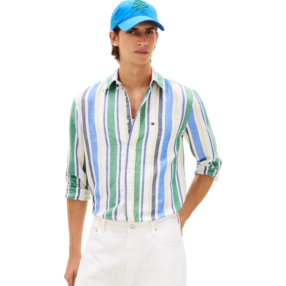 image:imageTommy Hilfiger Mens Long Sleeve Casual Linen Button Down Shirts in Regular FitNouveau Green  Stripe