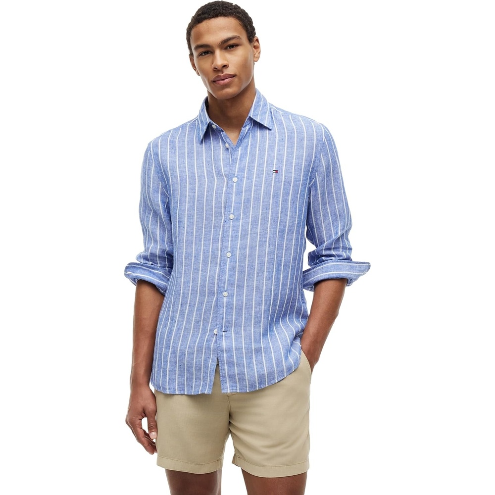 image:imageTommy Hilfiger Mens Long Sleeve Casual Linen Button Down Shirts in Regular FitRegal Blue  Stripe