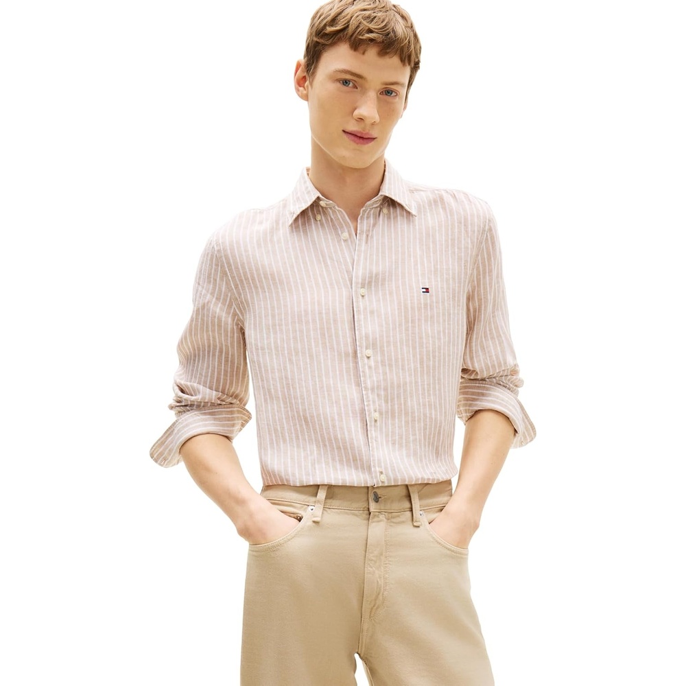 image:imageTommy Hilfiger Mens Long Sleeve Casual Linen Button Down Shirts in Regular FitSandalwood Stripe