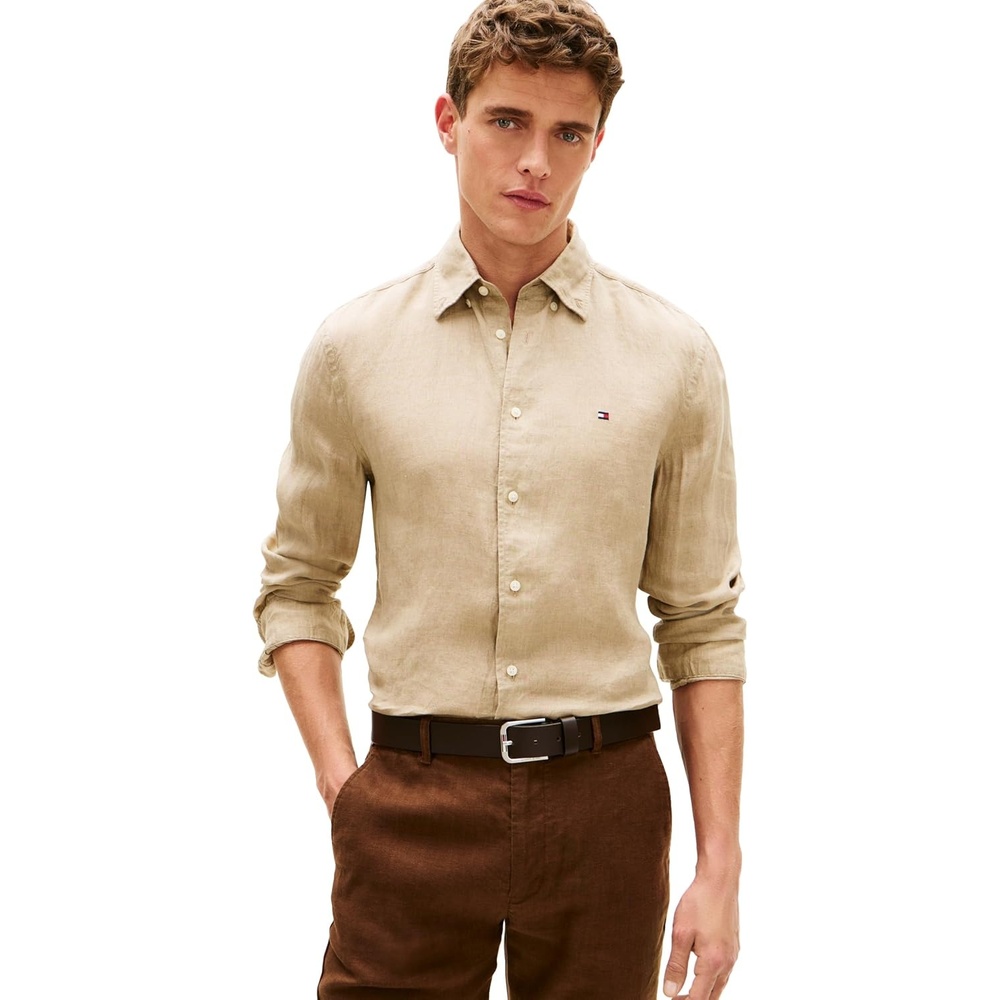 image:imageTommy Hilfiger Mens Long Sleeve Casual Linen Button Down Shirts in Regular FitSandalwood