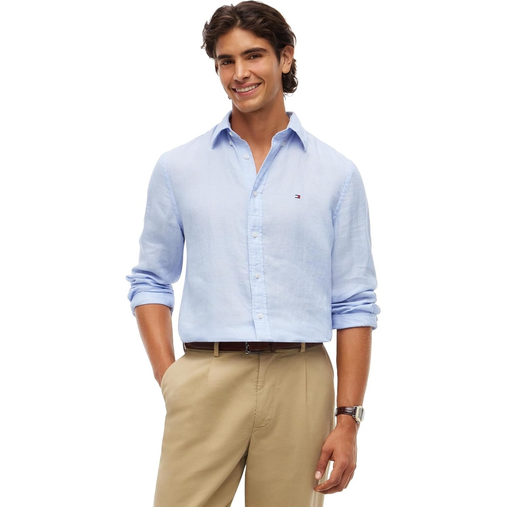 image:imageTommy Hilfiger Mens Long Sleeve Casual Linen Button Down Shirts in Regular FitSweet Blue