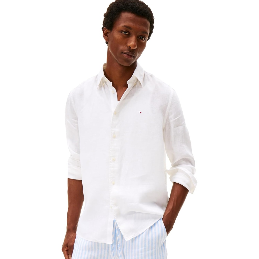 image:imageTommy Hilfiger Mens Long Sleeve Casual Linen Button Down Shirts in Regular FitWhite