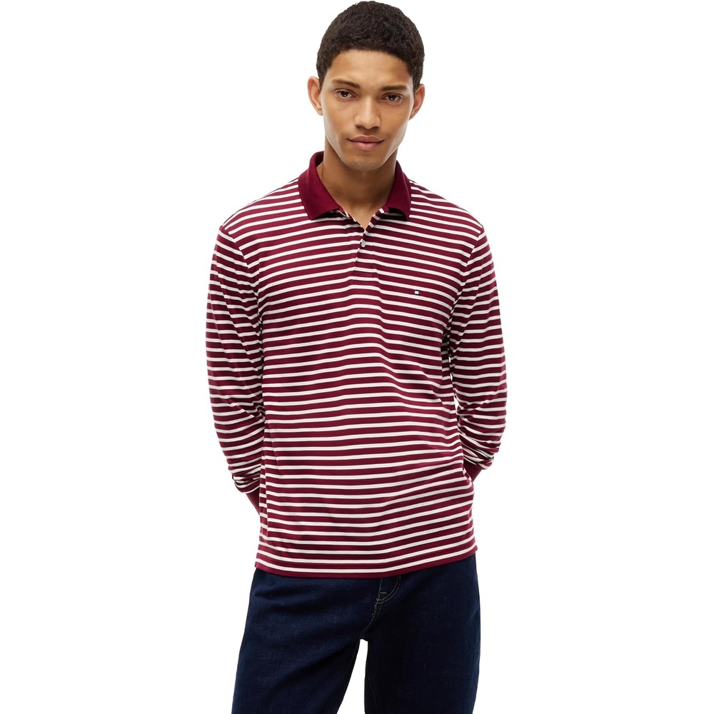 image:imageTommy Hilfiger Mens Long Sleeve Casual Polo Shirts in Regular Fit with Liquid CottonBurgundy Ivory Petal