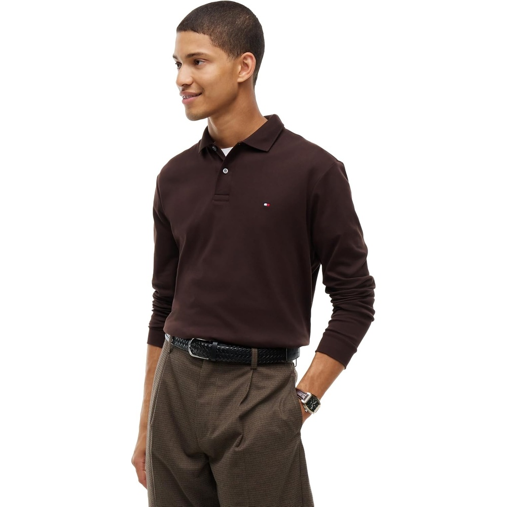 image:imageTommy Hilfiger Mens Long Sleeve Casual Polo Shirts in Regular Fit with Liquid CottonChocolate