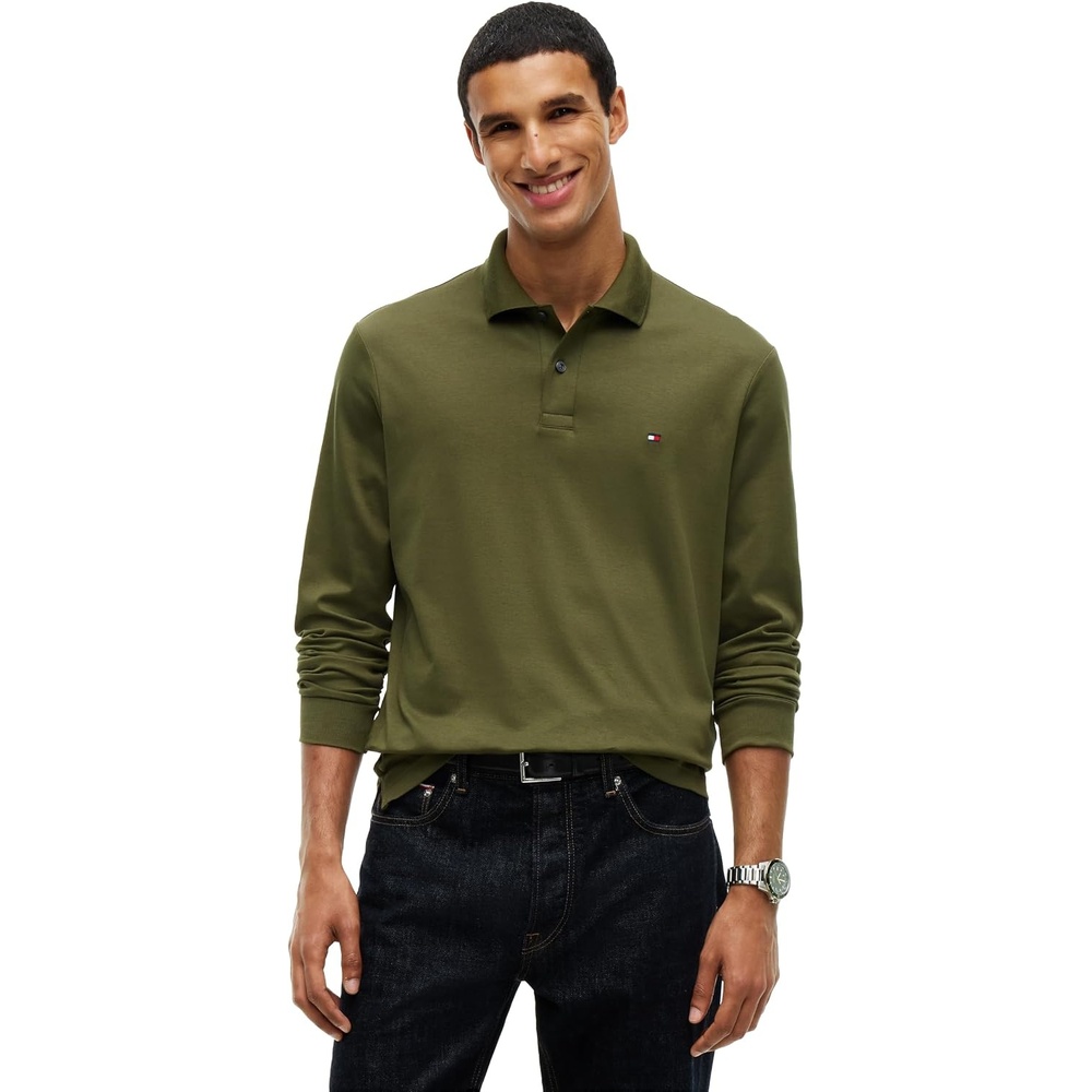 image:imageTommy Hilfiger Mens Long Sleeve Casual Polo Shirts in Regular Fit with Liquid CottonHuntsman Green