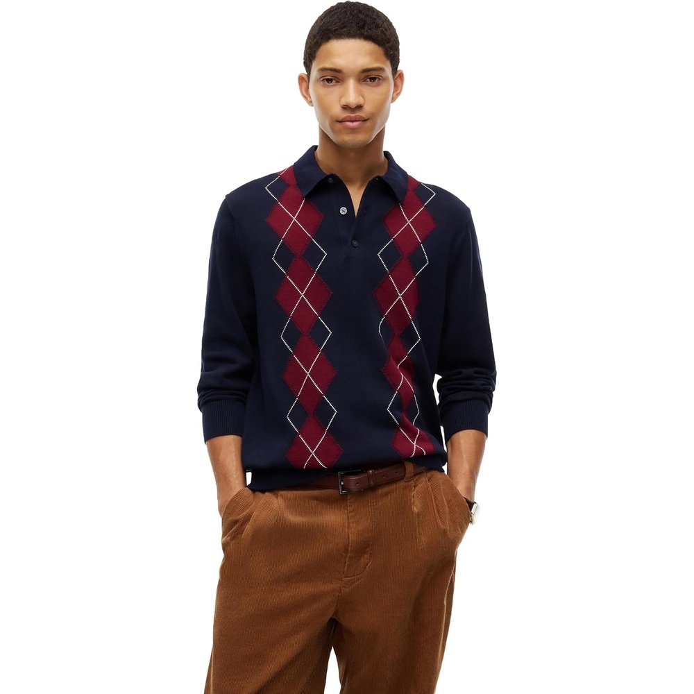 image:imageTommy Hilfiger Mens Long Sleeve Cotton Argyle Polo SweaterNavy Blue