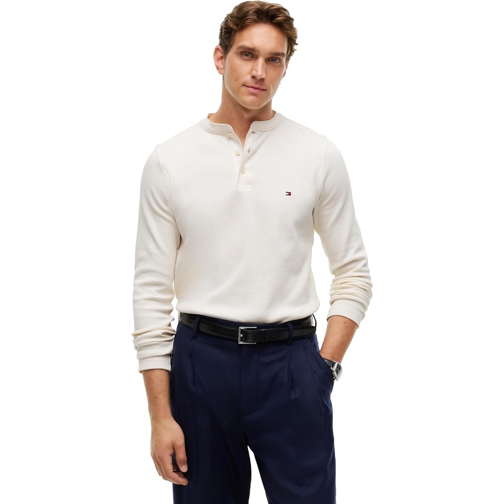 image:imageTommy Hilfiger Mens Long Sleeve Cotton Henley Shirt with StretchIvory Petal