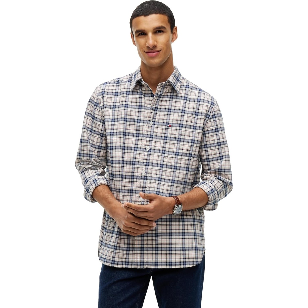 image:imageTommy Hilfiger Mens Long Sleeve Oxford Shirts in Relaxed FitNewsprint Beige Check
