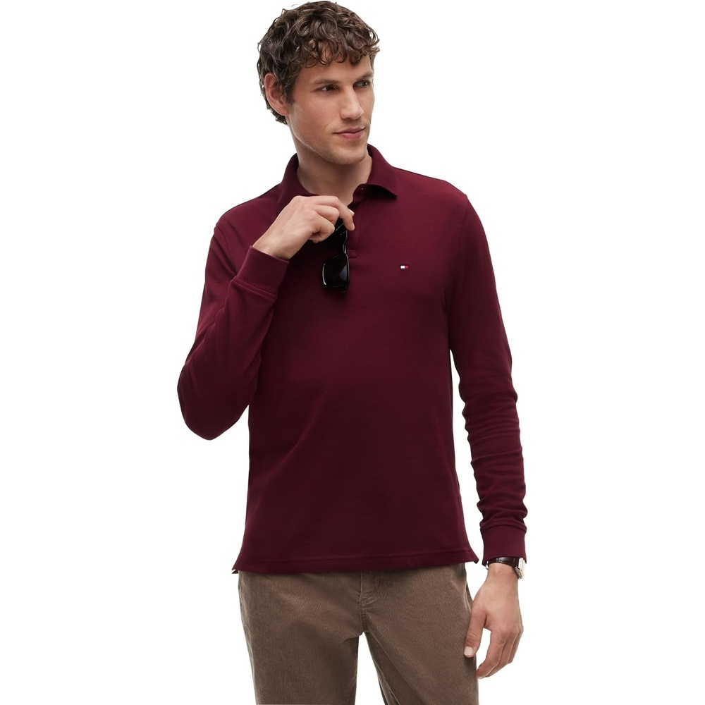 image:imageTommy Hilfiger Mens Long Sleeve Polo Shirts in Regular Fit with Stretch and Organic Pique CottonBurgundy