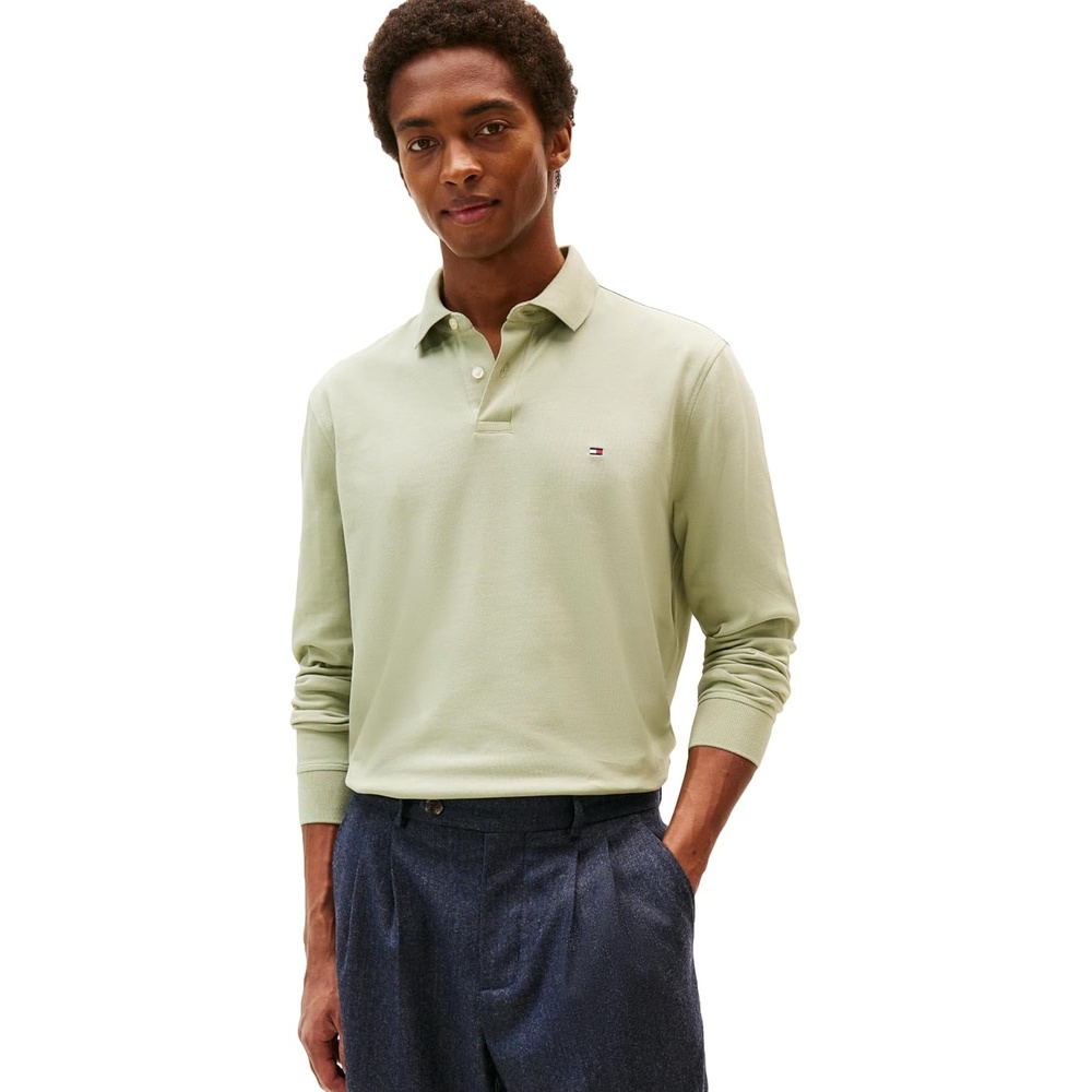 image:imageTommy Hilfiger Mens Long Sleeve Polo Shirts in Regular Fit with Stretch and Organic Pique CottonEarth Sage