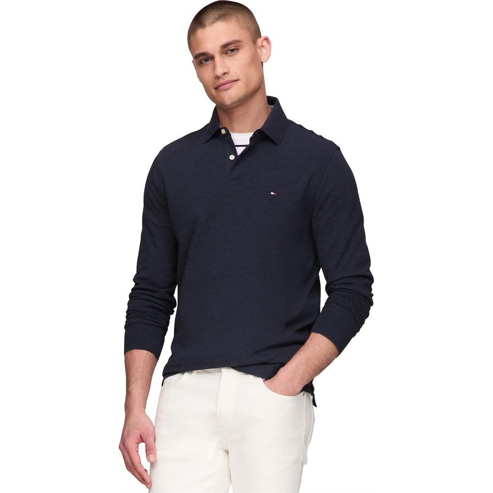 image:imageTommy Hilfiger Mens Long Sleeve Polo Shirts in Regular Fit with Stretch and Organic Pique CottonFaded Indigo Heather
