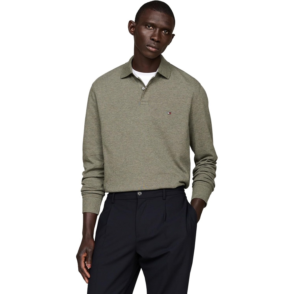 image:imageTommy Hilfiger Mens Long Sleeve Polo Shirts in Regular Fit with Stretch and Organic Pique CottonUtility Olive Heather