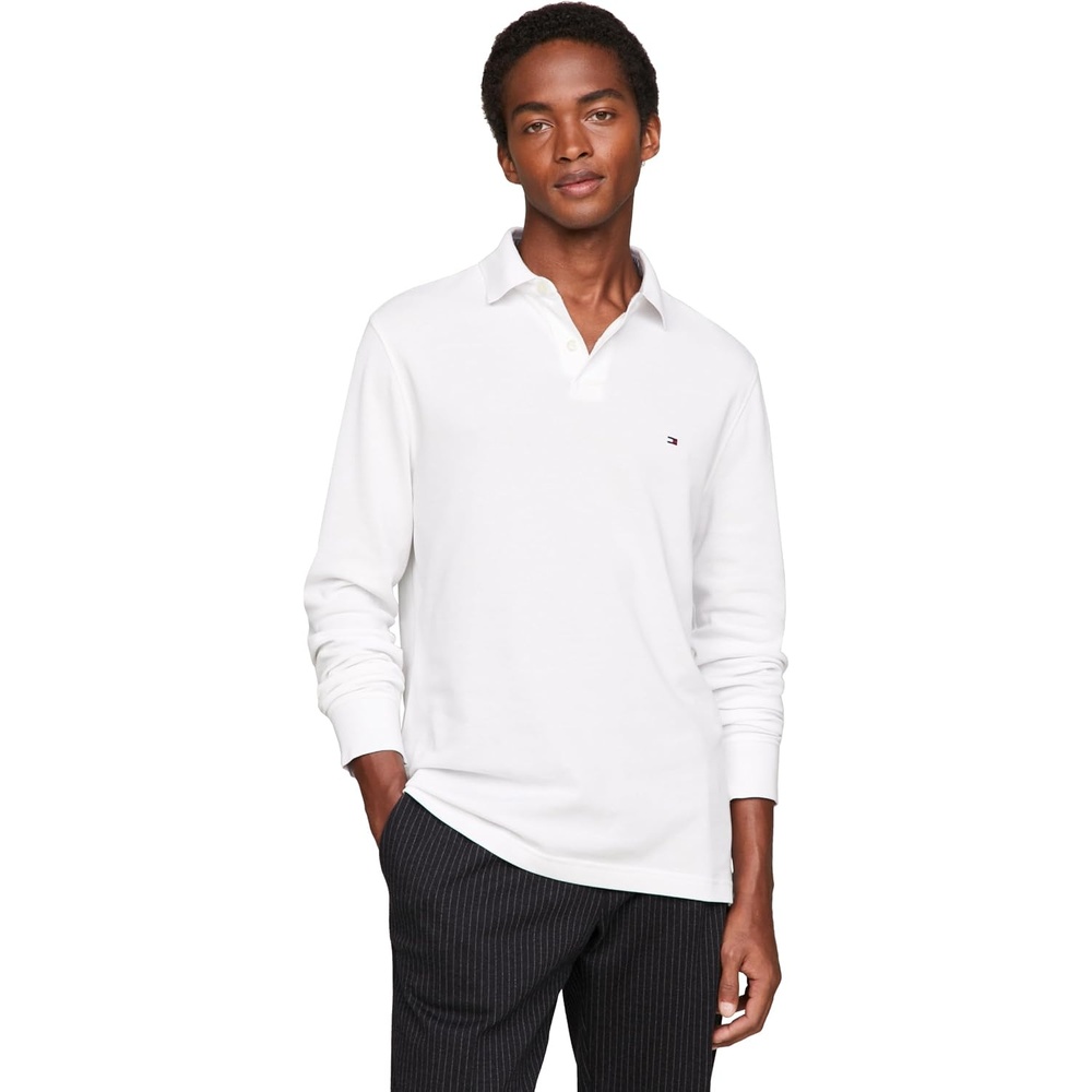 image:imageTommy Hilfiger Mens Long Sleeve Polo Shirts in Regular Fit with Stretch and Organic Pique CottonWhite