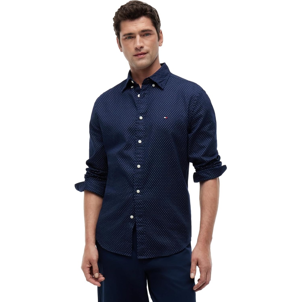 image:imageTommy Hilfiger Mens Long Sleeve Poplin Shirts in Regular Fit Mens Button Down Shirts Also Available in Big and TallCarbon Navy Allover