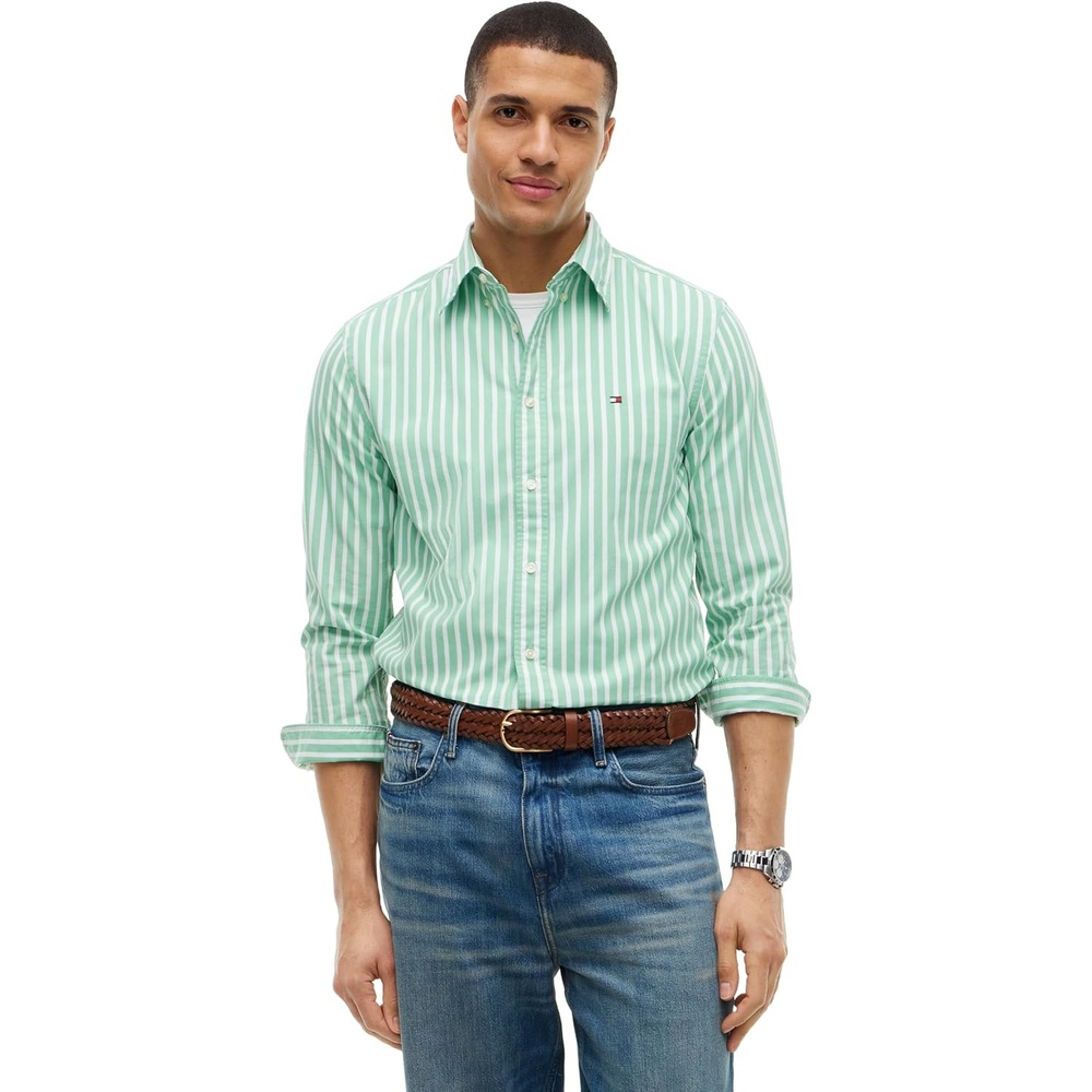 image:imageTommy Hilfiger Mens Long Sleeve Poplin Shirts in Regular Fit Mens Button Down Shirts Also Available in Big and TallCut Grass Stripe