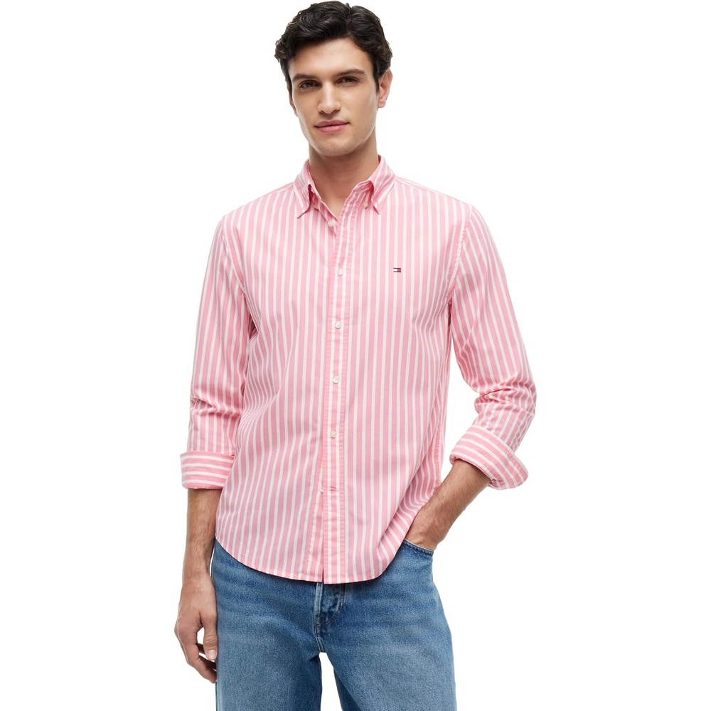 image:imageTommy Hilfiger Mens Long Sleeve Poplin Shirts in Regular Fit Mens Button Down Shirts Also Available in Big and TallDoll Pink Stripe