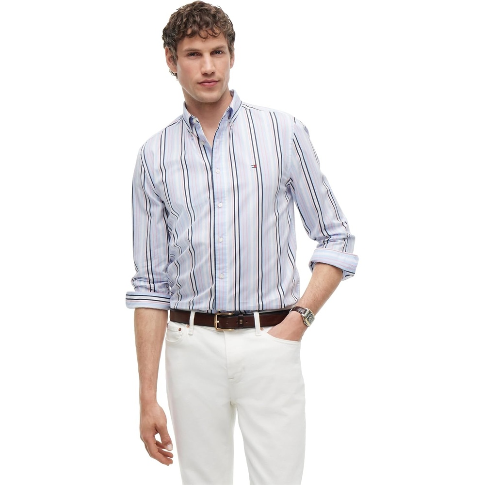image:imageTommy Hilfiger Mens Long Sleeve Poplin Shirts in Regular Fit Mens Button Down Shirts Also Available in Big and TallDoll PinkMulti Stripe