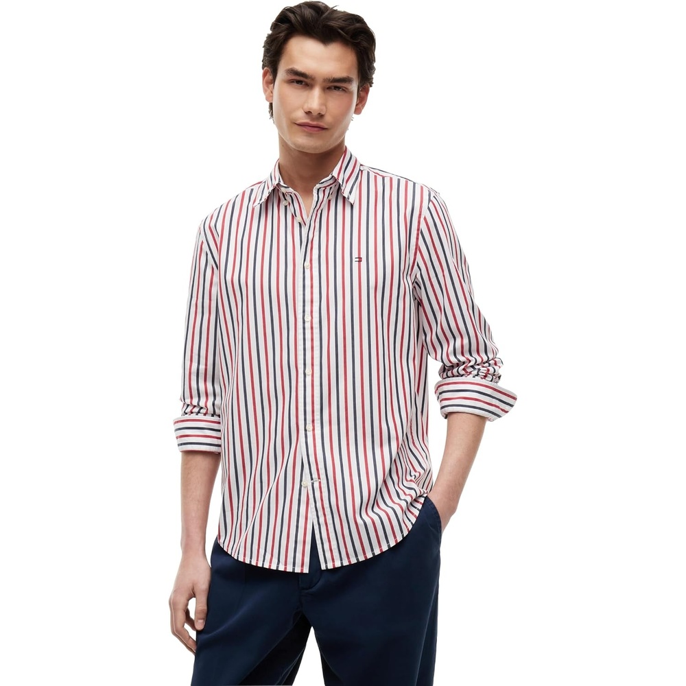 image:imageTommy Hilfiger Mens Long Sleeve Poplin Shirts in Regular Fit Mens Button Down Shirts Also Available in Big and TallMedium Red  Multistripe
