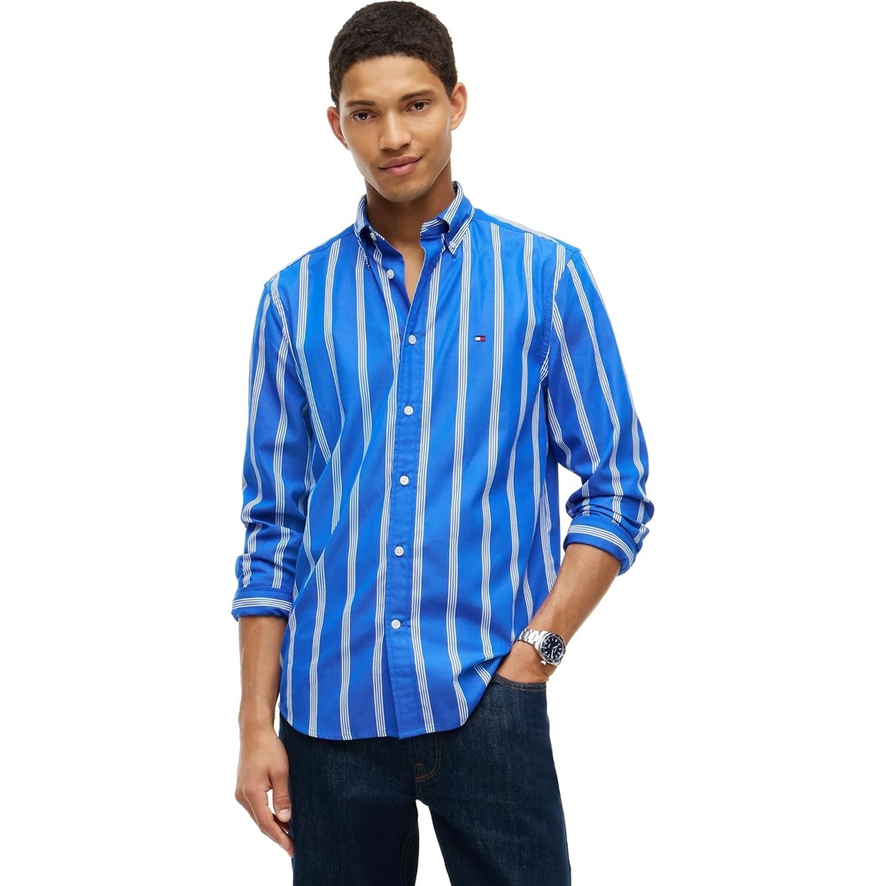 image:imageTommy Hilfiger Mens Long Sleeve Poplin Shirts in Regular Fit Mens Button Down Shirts Also Available in Big and TallRegal Blue  Multistripe
