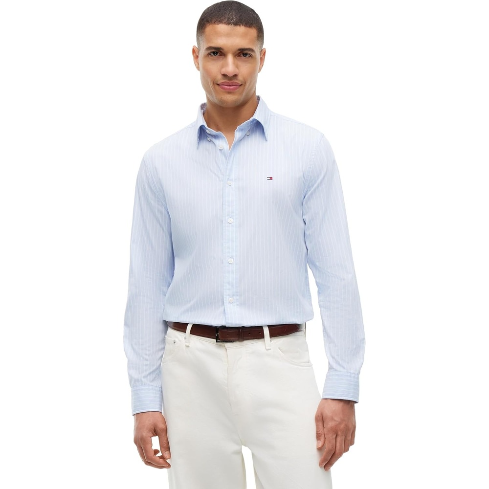image:imageTommy Hilfiger Mens Long Sleeve Poplin Shirts in Regular Fit Mens Button Down Shirts Also Available in Big and TallShirt Blue Stripe