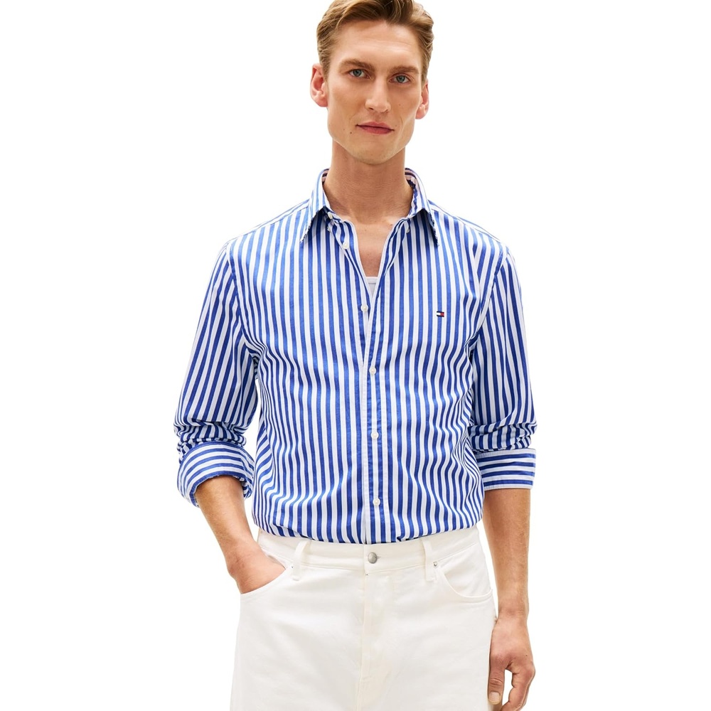image:imageTommy Hilfiger Mens Long Sleeve Poplin Shirts in Regular Fit Mens Button Down Shirts Also Available in Big and TallWedge Blue White Stripe