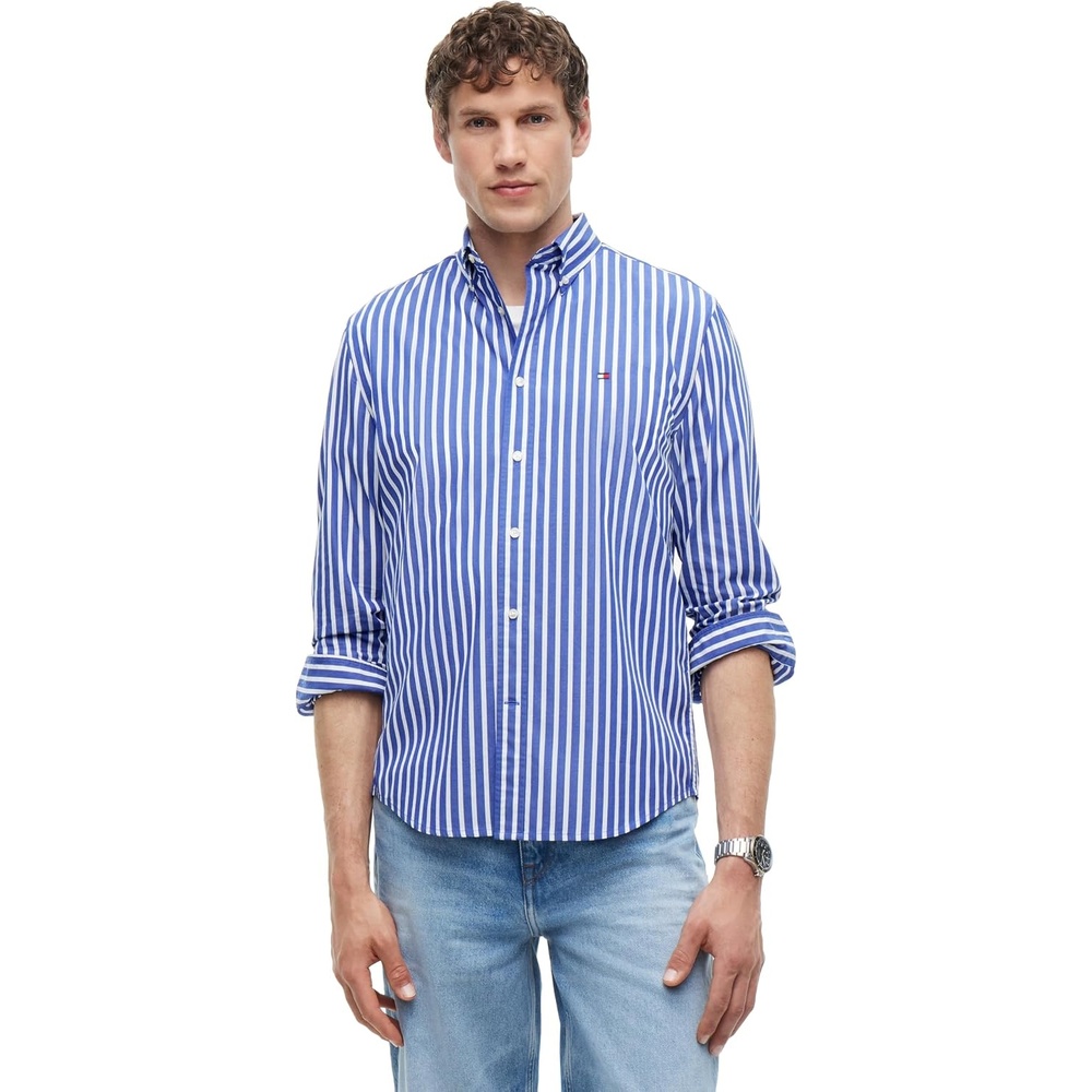 image:imageTommy Hilfiger Mens Long Sleeve Poplin Shirts in Regular Fit Mens Button Down Shirts Also Available in Big and TallWedge Blue White Striped