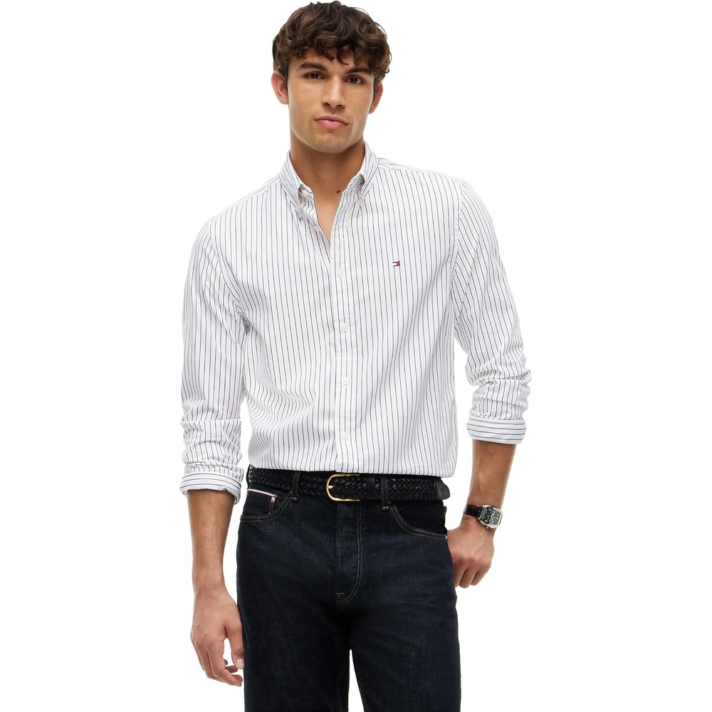 image:imageTommy Hilfiger Mens Long Sleeve Poplin Shirts in Regular Fit Mens Button Down Shirts Also Available in Big and TallWhite Black Stripe