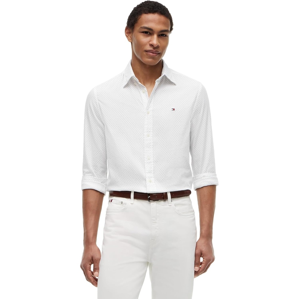 image:imageTommy Hilfiger Mens Long Sleeve Poplin Shirts in Regular Fit Mens Button Down Shirts Also Available in Big and TallWhite Blue Allover
